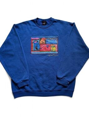Vintage 1990s Blue Laurel Burch Abstract Cat Art Graphic Crewneck Sweatshirt M